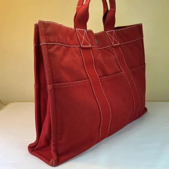 Hermes vintage heavy canvas tote rare red with white detail - Picture 3 of 13